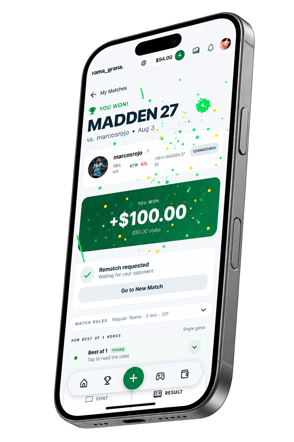 A won Madden 27 match in the Locked app, showing the payout credited to the player's wallet.